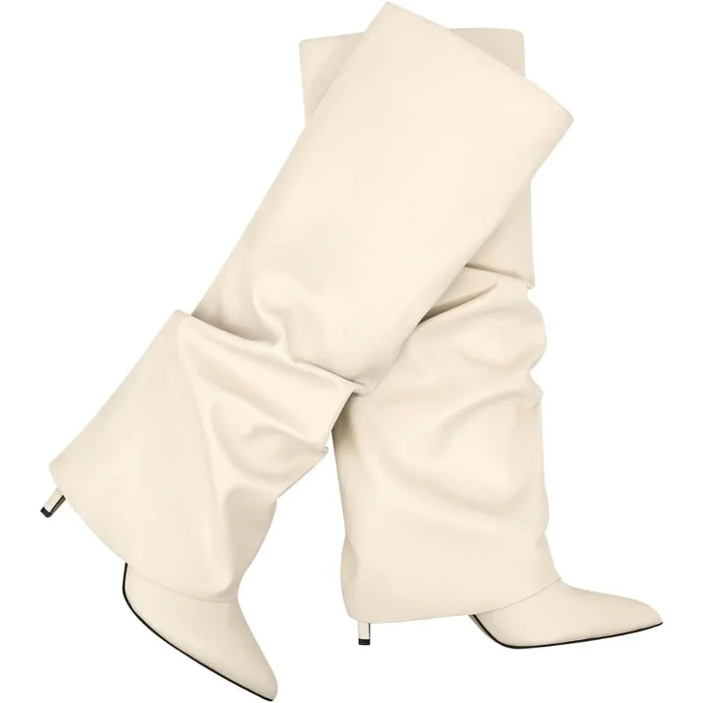 Women's White Knee High Fold Over Wide Calf Pointed Toe Long Heel Boot